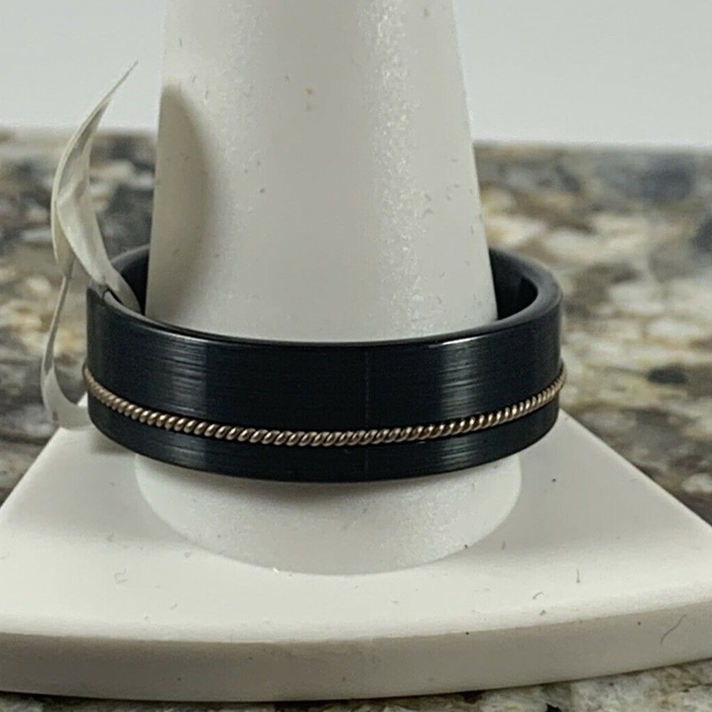 8mm Black Tungsten Band Rose Gold Inlay Sz 14.5